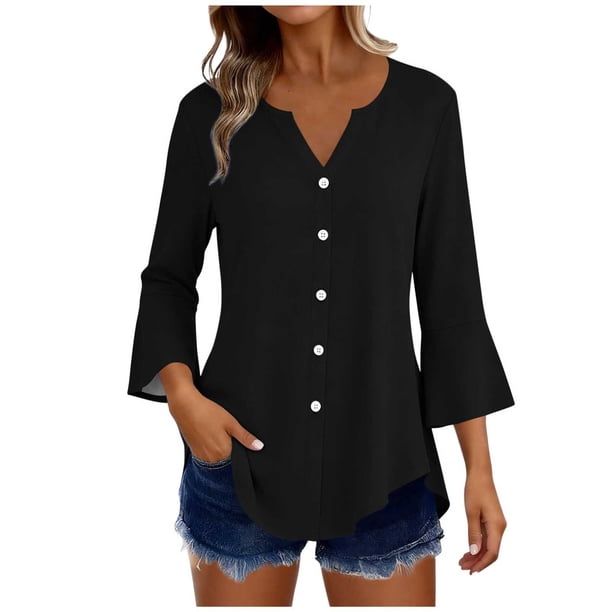 Craaazy Women's Relaxed Fit V Neck Blouse, Solid Color 3/4 Sleeve Flare Cuff Top, Loose Comfy Button Accent Casual Tee for Spring & Summer Gifts