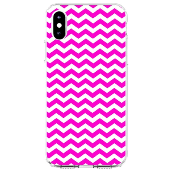 DistinctInk Clear Shockproof Hybrid Case for iPhone XR (6.1" Screen) - TPU Bumper, Acrylic Back, Tempered Glass Screen Protector - Hot Pink White Chevron Stripes Wave - Chevron Stripes Pattern