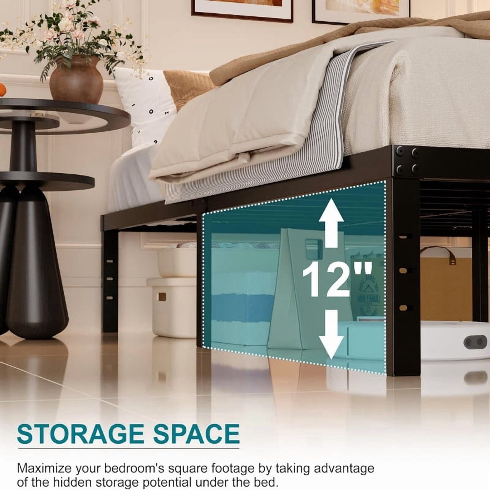 Kelno Twin Size Metal Bed Frame No Box Spring Needed with Storage Space Under Base, Black