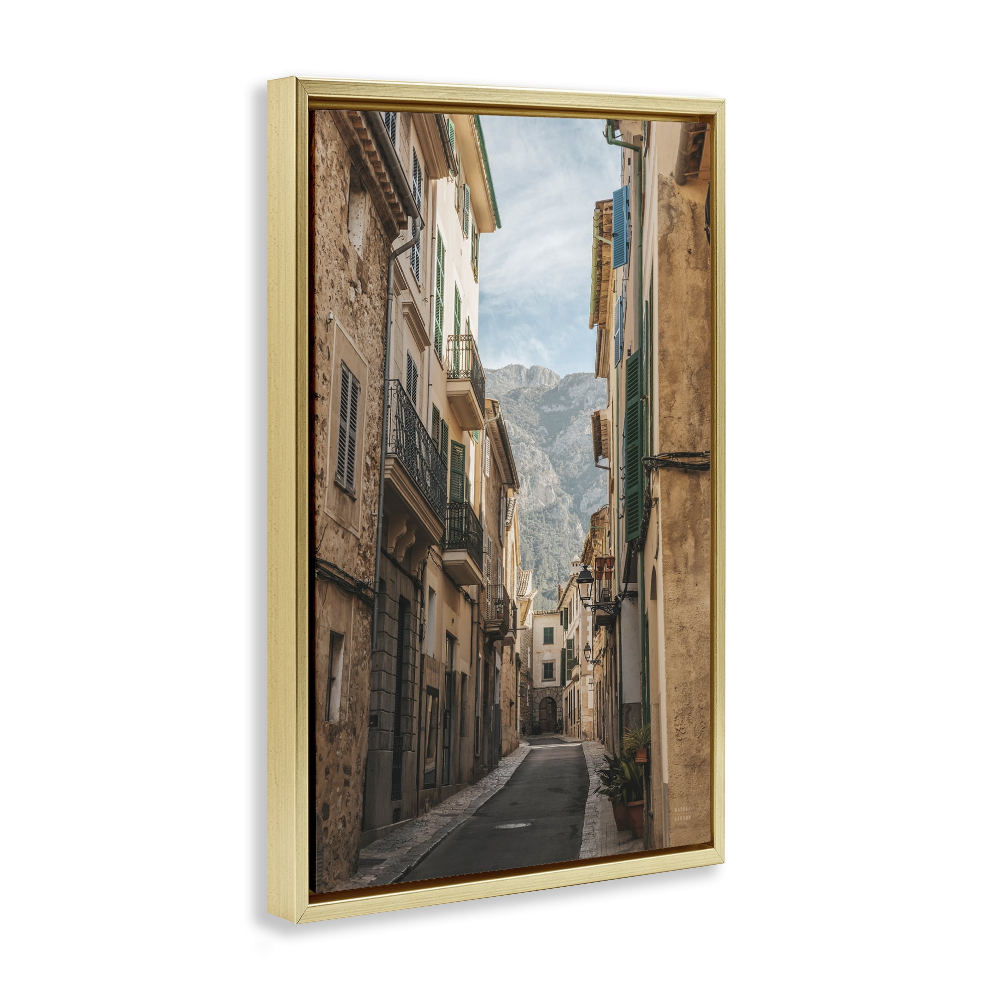 Stupell Industries Spanish Town Street Town & City Photography Gold Floater Framed Art Print Wall Art, 21 x 31