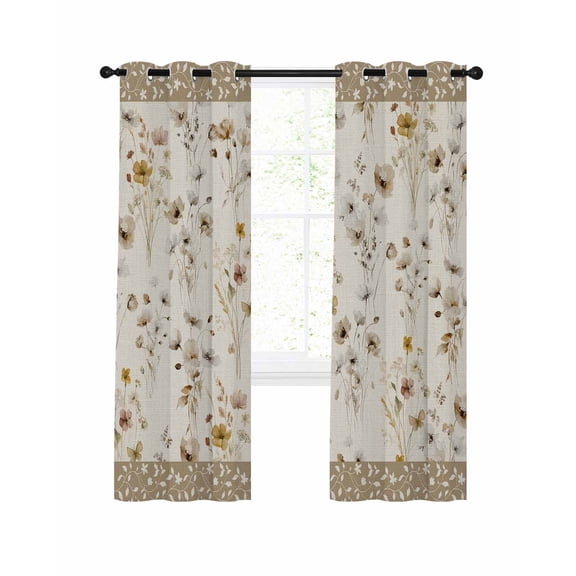 Spring Flower Blackout Curtains for Bedroom Living Room, Watercolor Light Yellow Grey Floral Leaf Linen Texture Brown 63 In Long Thermal Insulated Darkening Drapes Grommet Window Treatments 52x63 In