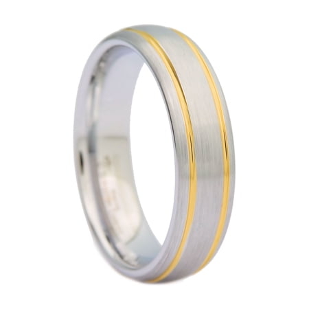 MJ Metals Jewelry Unisex White Tungsten Carbide 6mm Brushed 2 Gold Stripes 6mm Wedding Ring Size 11