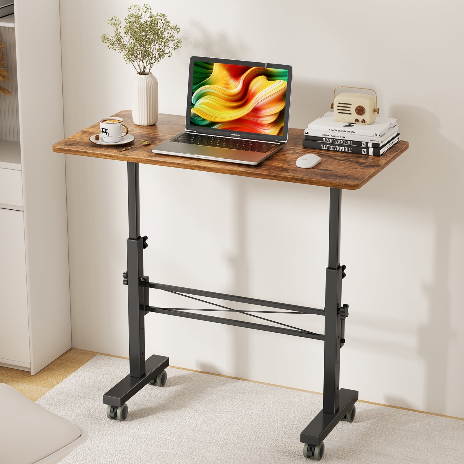 Flycity Standing Desk Adjustable Height, Mobile Stand Up Desks with Wheels, Small Laptop Desks, Portable Computer Rolling Desk for Home Office and Pad Treadmill, Height 26"-37.8", 15.7"D x 31.5"W