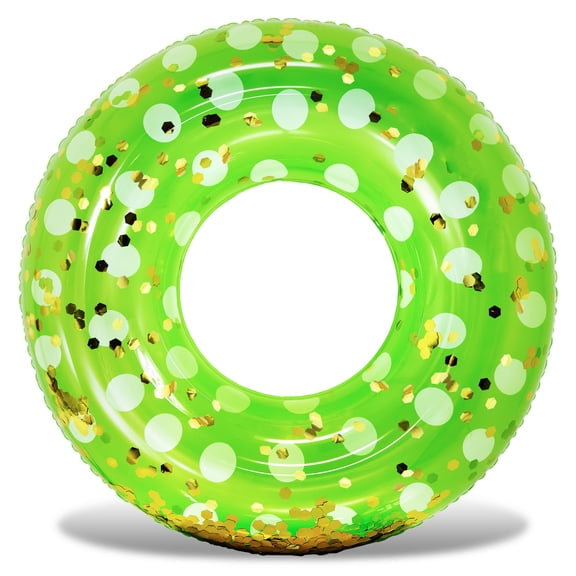 POZA Green Gold Inflatable Pool Float Tube - Sparkly Confetti-Filled Polka Dot Swim Ring Pool Float Kids and Adults, UV Resistant Vinyl Ring Floatie for Pools, Beach or Lakes - 36 Inches