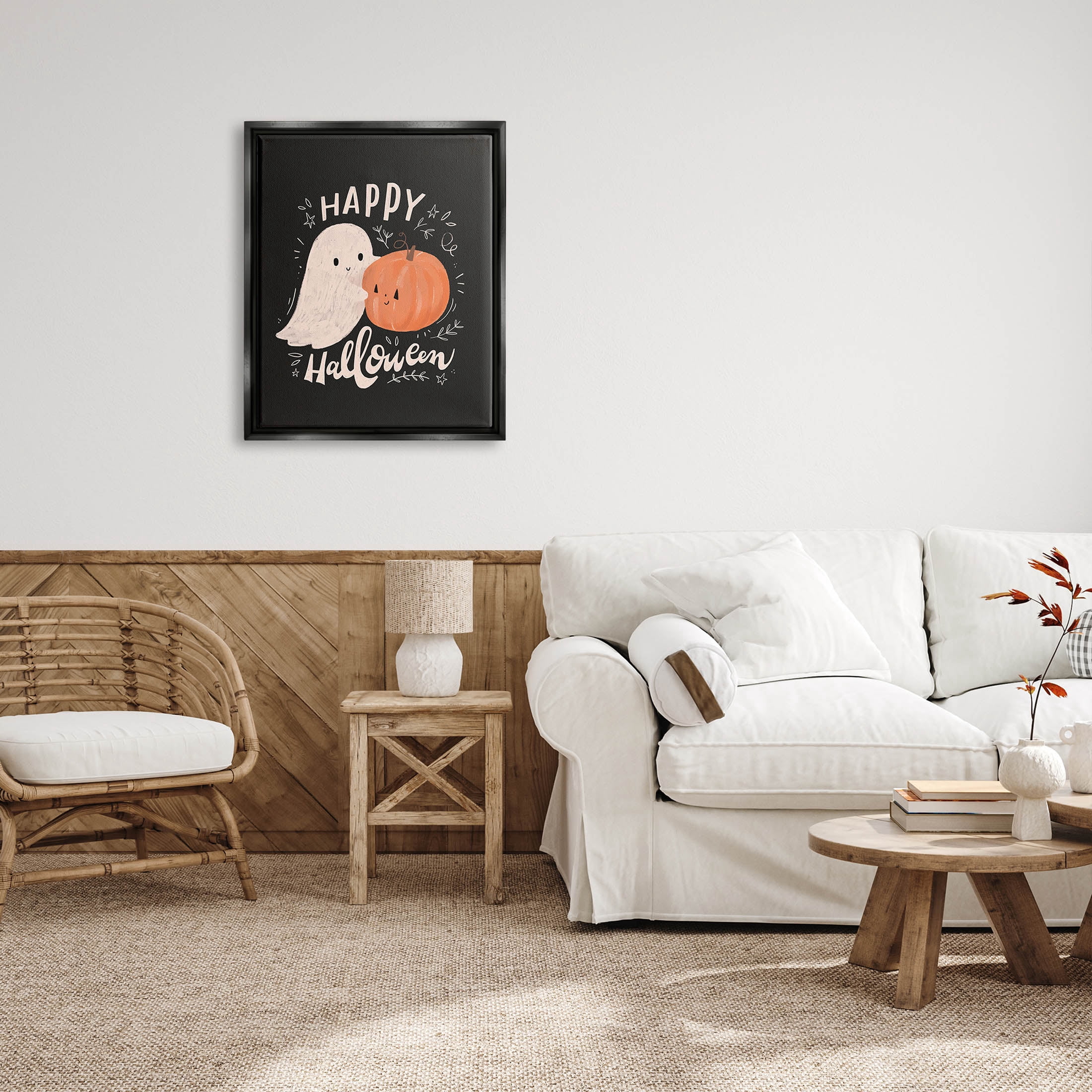 Happy Halloween Smiling Ghost Pumpkin Holiday Graphic Art Jet Black Framed Art Print Wall Art