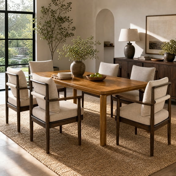 Christopher Knight Home 7-Piece Modern Dining Set, Rectangle Wood Table and Cushioned Chairs, Walnut Beige