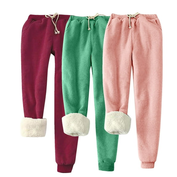 FNFYFH 3PC Sherpa Lined Joggers for Women Plus Size Warm Athletic Pants Baggy High Waisted Drawstring Sweatpants with Pockets
