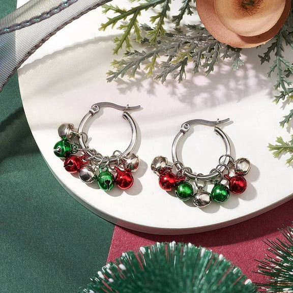 3Pair 304 Stainless Steel Hoop Earrings with Brass Bell For Christmas Stainless Steel Color 35mm