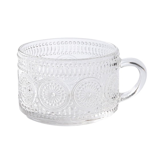 Glass Mug with Embossed Pattern Vintage Style Cup with Handle Durable Pressed Glass for Hot and Cold Beverages Tea Coffee Water Juice