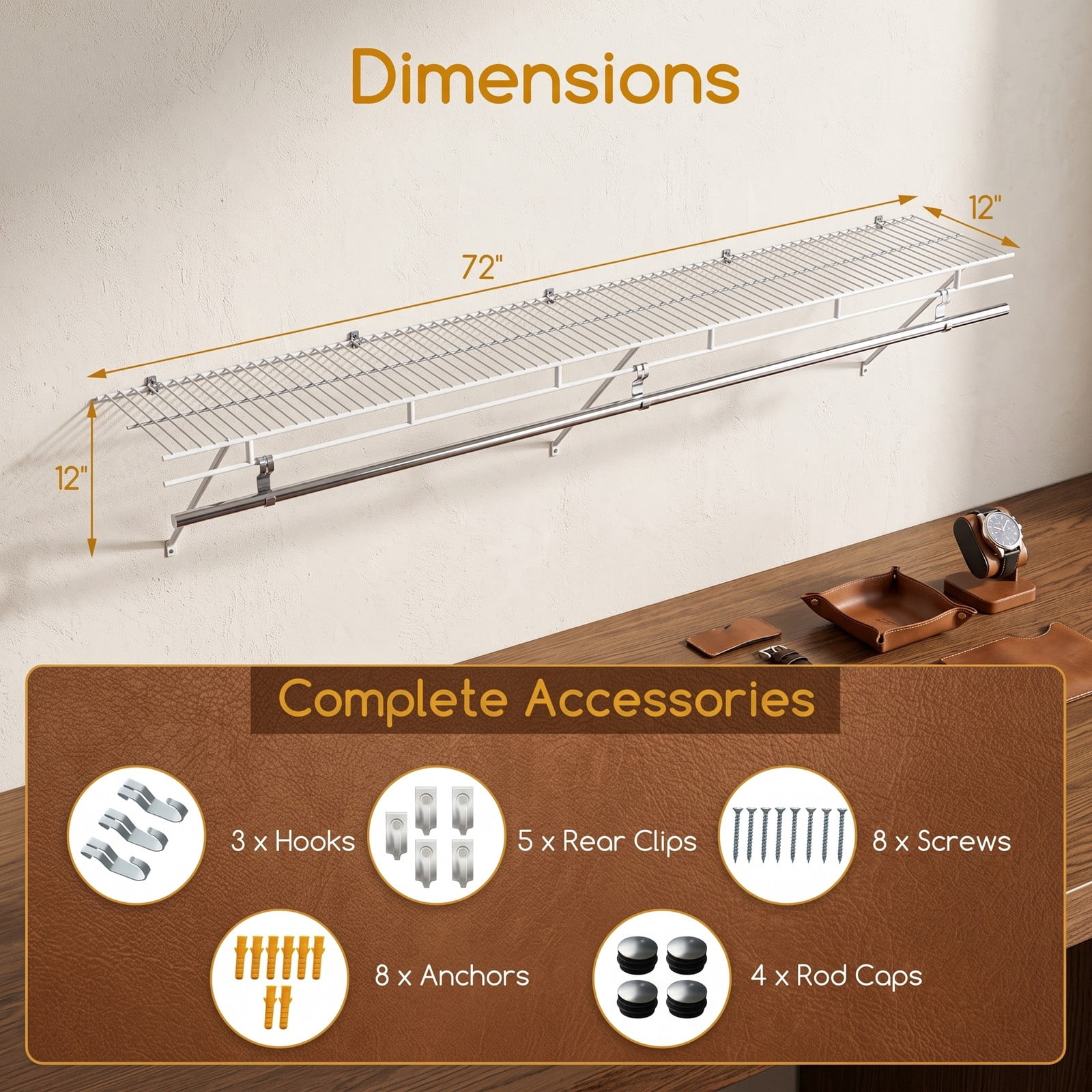Furnibear 72 Inch Wall Mounted Closet Shelf with Integrated Hanging Rod for Laundry Room and Bedroom Closet Storage Space, White