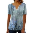 thumbnail image 3 of YOTAMI Plus Size T-Shirts for Women Trendy Casual Short Sleeve Blouses for Fashion Button V-Neck Floral Print Pleated Loose Fit Tunic Tops Blue, 3 of 5