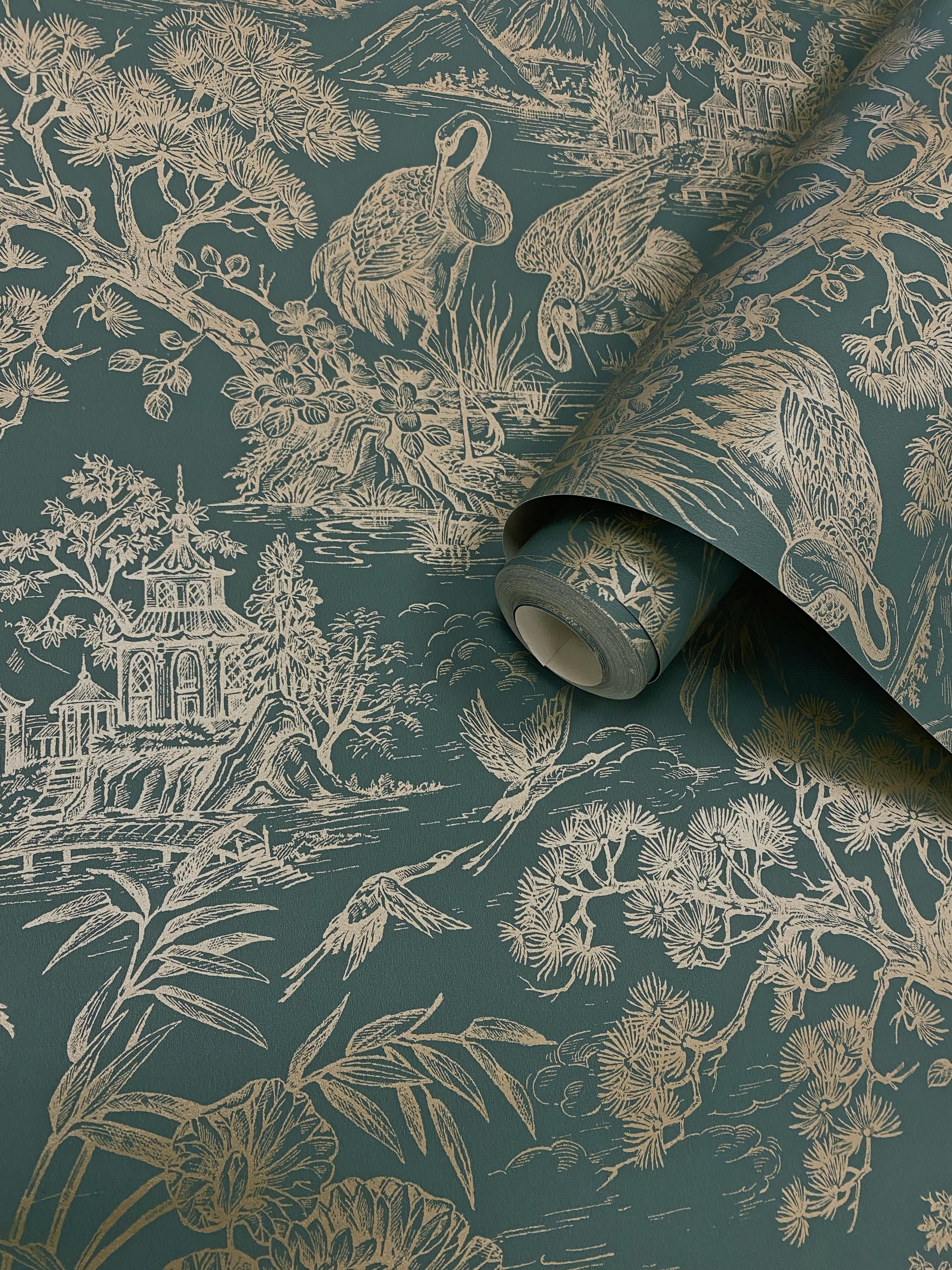 Aqua Gold Majestic Crane Tropical Wallpaper
