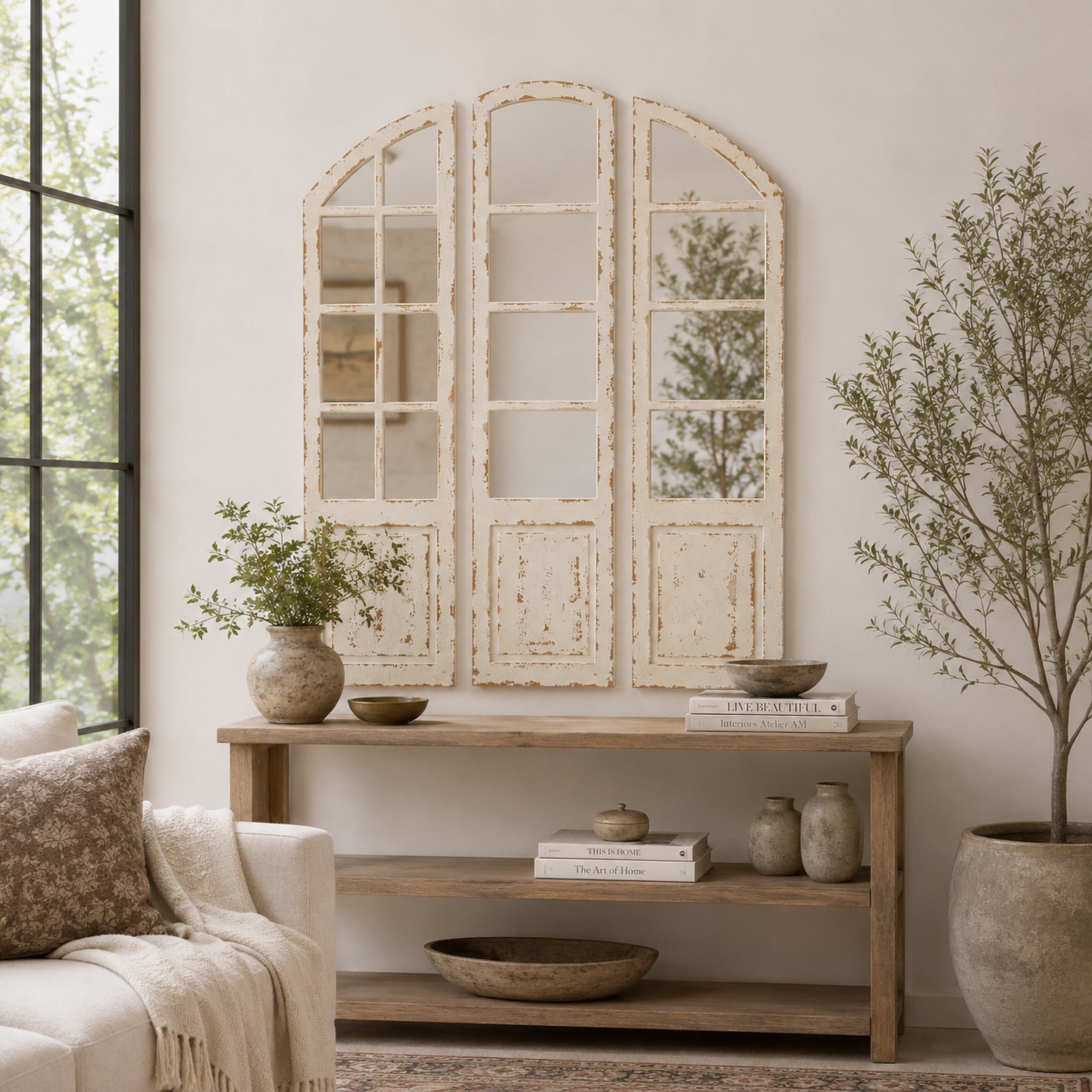 DecMode 60", 59", 59"H White Window Pane Inspired Wall Mirror with Arched Top and Distressing, Set of 3