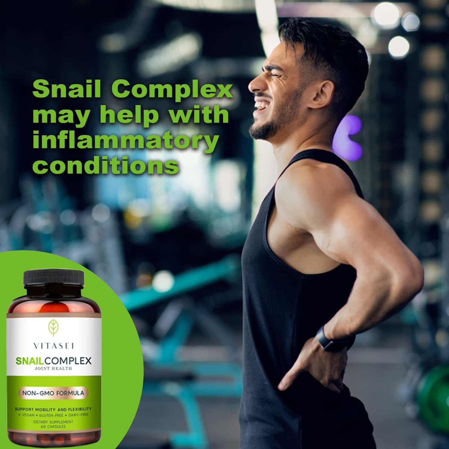 VITASEI Snail Complex Collagen Joint Support Supplement for Women & Men, Supports Mobility & Flexibility, Organic Dietary MSM Supplement, Non-GMO, Gluten-Free, Dairy-Free, 60 Pills