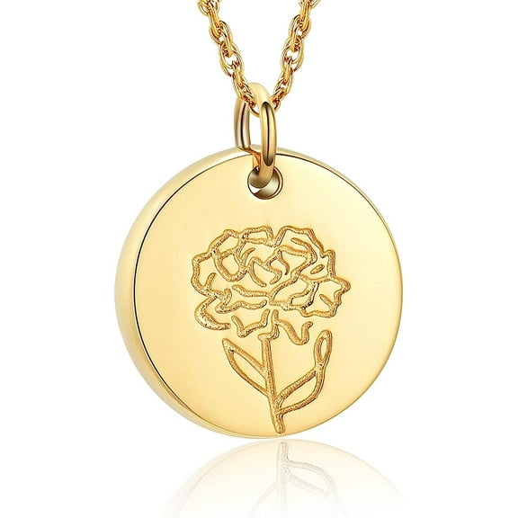 Birth Flower Urn Necklace for Ashes Women Men Gold Plated Disc Coin Cremation Jewelry Memorial Urn Lockets