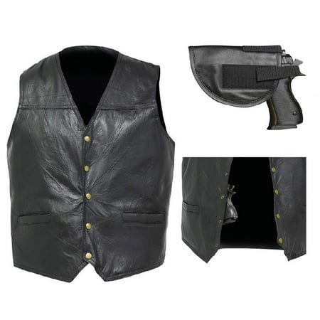 Biker Vest Concealed Carry Genuine Leather Motorcycle CCW w/ Gun Holster (Best Leather Biker Vest)