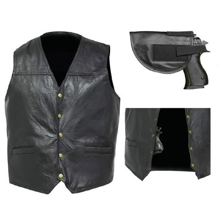 Cowhide Leather Motorcycle Vest - Biker Vest Concealed Carry Genuine Leather Motorcycle CCW w/ Gun Holster (M)