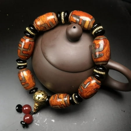 Tibetan Dzi Beads Bracelet with Buddha Head Symbolic Pattern Adjustable Spiritual Jewelry for Men and Women