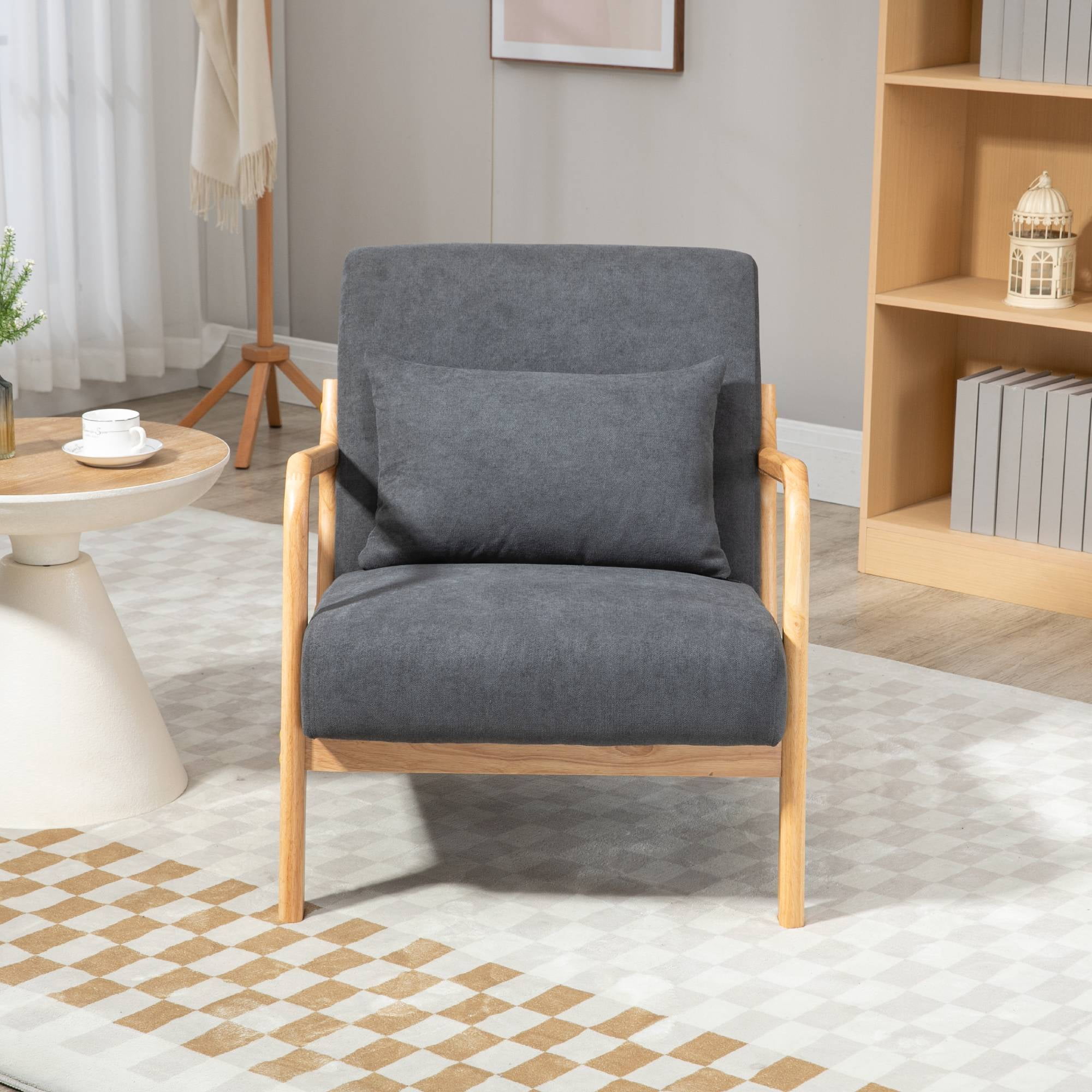 Mid-Century Modern Accent Chair with Pillow Velvet Lounge Arm Chair Comfy Reading Chair with Solid Wood Frame for Living Room, Bedroom, Dark Grey