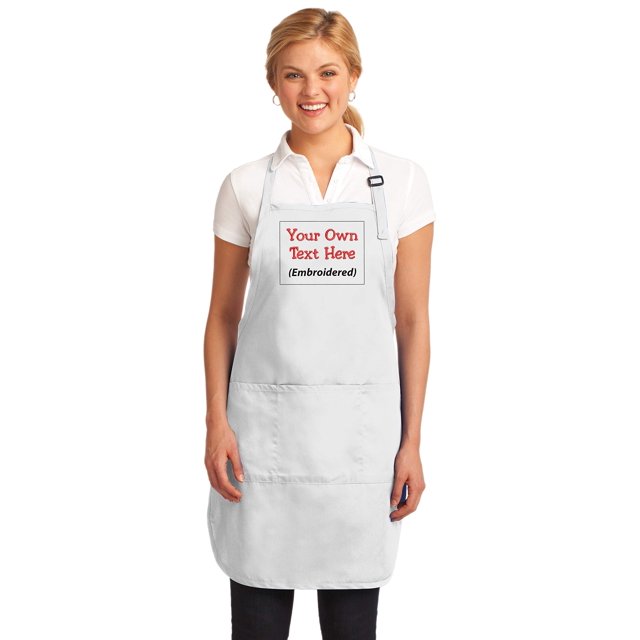 Personalized Apron Add a Name Embroidered Design Add Your Own Name Full-Length Apron with 3-Pockets (22W x 30L) (White)