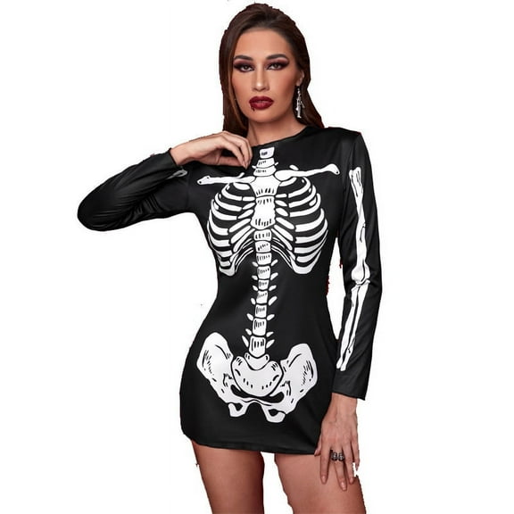 Women's Halloween Skeleton Dress Costume Female Sexy Skull Pattern Long Sleeve Stretchy Short Mini Dresses Lady Cosplay Party Game Festival Stage Performance Fancy Dress up