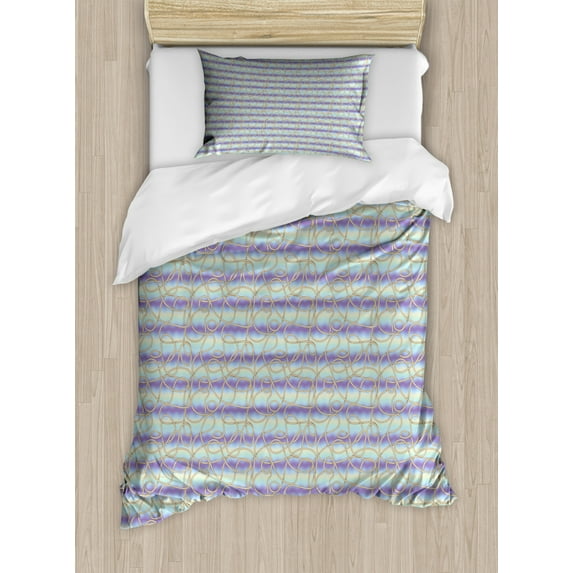 Blue Nautical Duvet Cover Set Twin Size, Demonstration of Tangled Ropes on a Background of Colorful Waves, Decorative 2 Piece Bedding Set with 1 Pillow Sham, Beige and Multicolor, by Ambesonne