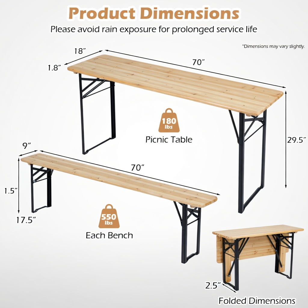 Hommoo 70 Inch Foldable 3-Piece Picnic Table Set with Benches for 6, Fir Wood & Metal Outdoor Patio Table, Black & Natural