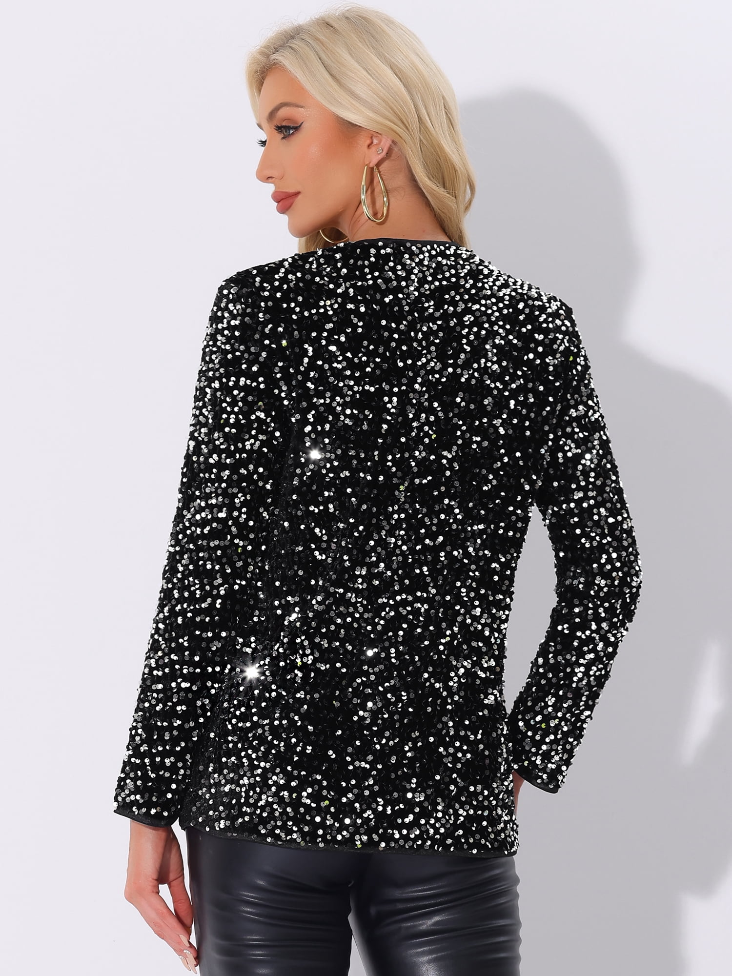 DARING DIVA Sequin Blazer Jacket Sparkly Open Front Cardigan XL Silver