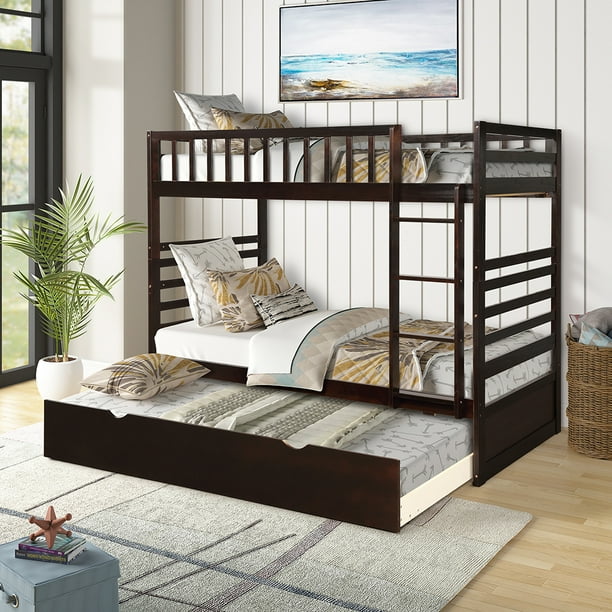 Twin Over Bunk Bed with Trundle, Wood Bunk Beds with Guard Rail and