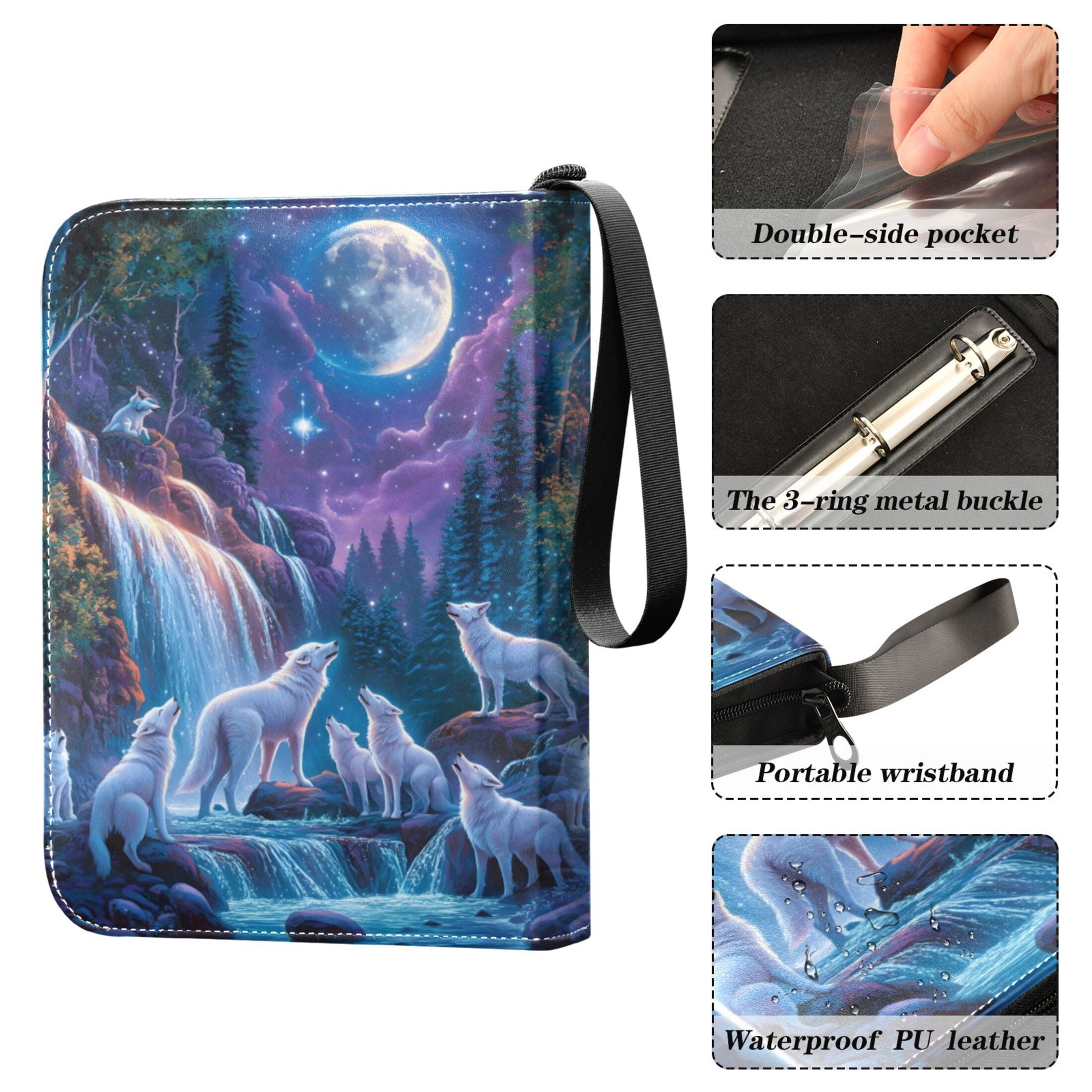 Trading Card Binder Album 400 Pockets 50 Removable 4-Pocket Pages Waterproof White Wolf and Waterfall Moon