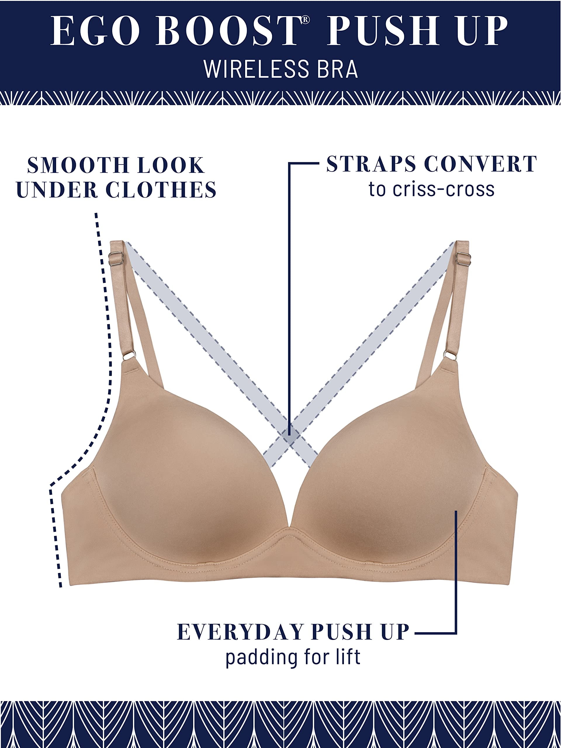 Vanity Fair Womens Ego Boost Add-a-Size (+1 Cup Size) Push Up Bra, Wirefree - White, 34B US