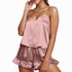 thumbnail image 3 of Conjunto de pijama de satén para mujer, de seda satinada con volantes, pantalones cortos, 3 of 5
