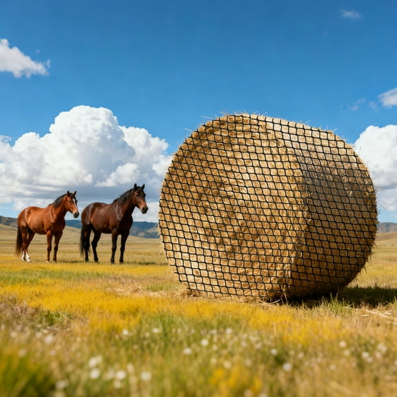 VEVOR Round Bale Hay Net, 4.92 x 4.92 x 4.92 ft, 1.65 inch Holes, PE Material, Knotless Design, with Self-Locking Zip Ties, Needle Shuttle, and Repair Twine, Slow Feeder Round Bale Net for Horses