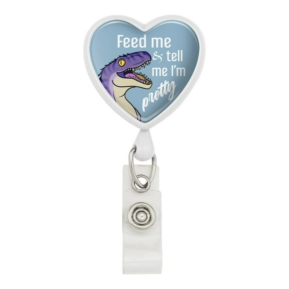 Velociraptor Feed Me and Tell Me I'm Pretty Dinosaur Funny Heart Lanyard Retractable Reel Badge ID Card Holder