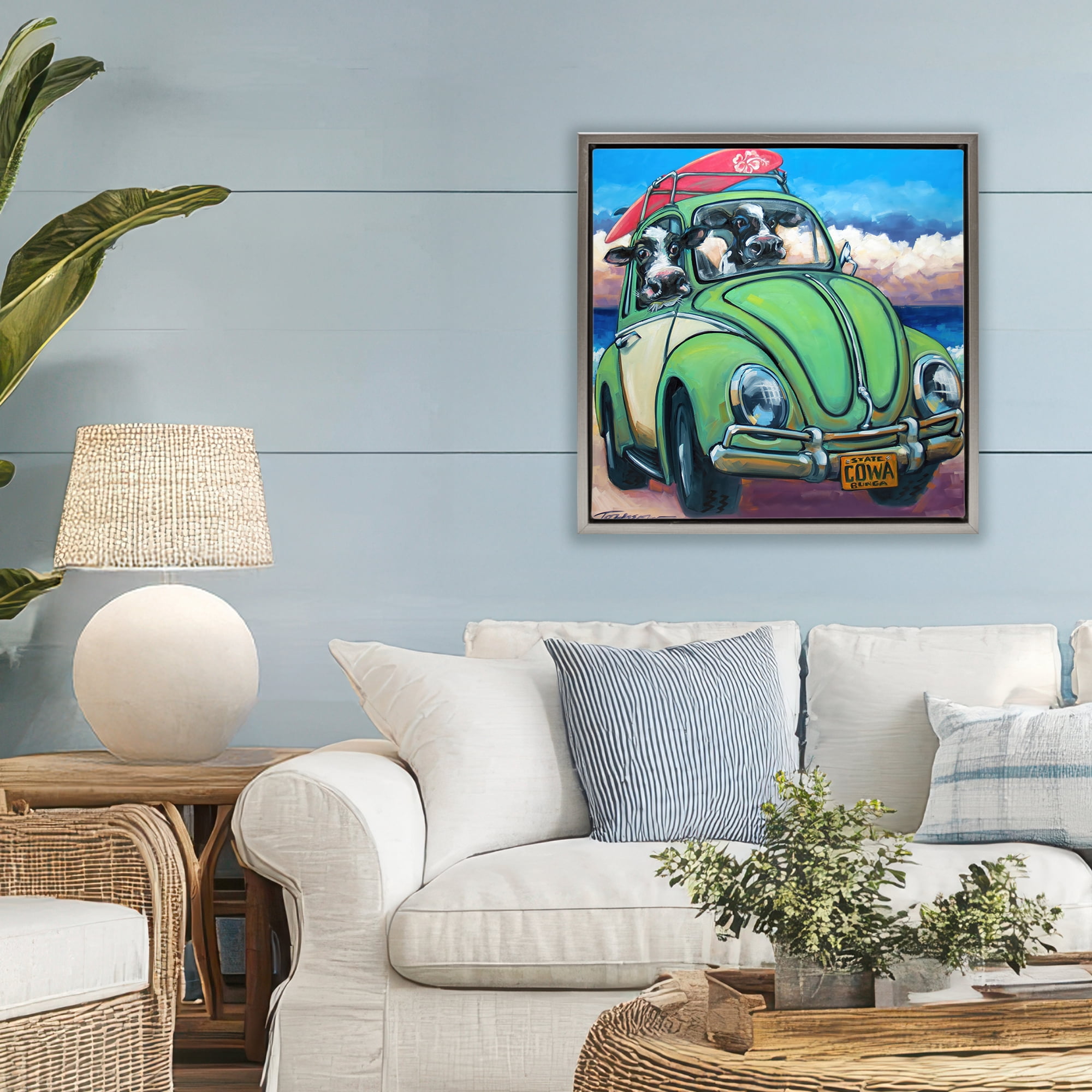Stupell Industries Cowabunga Surfer Cows Gray Framed Floater Canvas Wall Art, design by CR Townsend