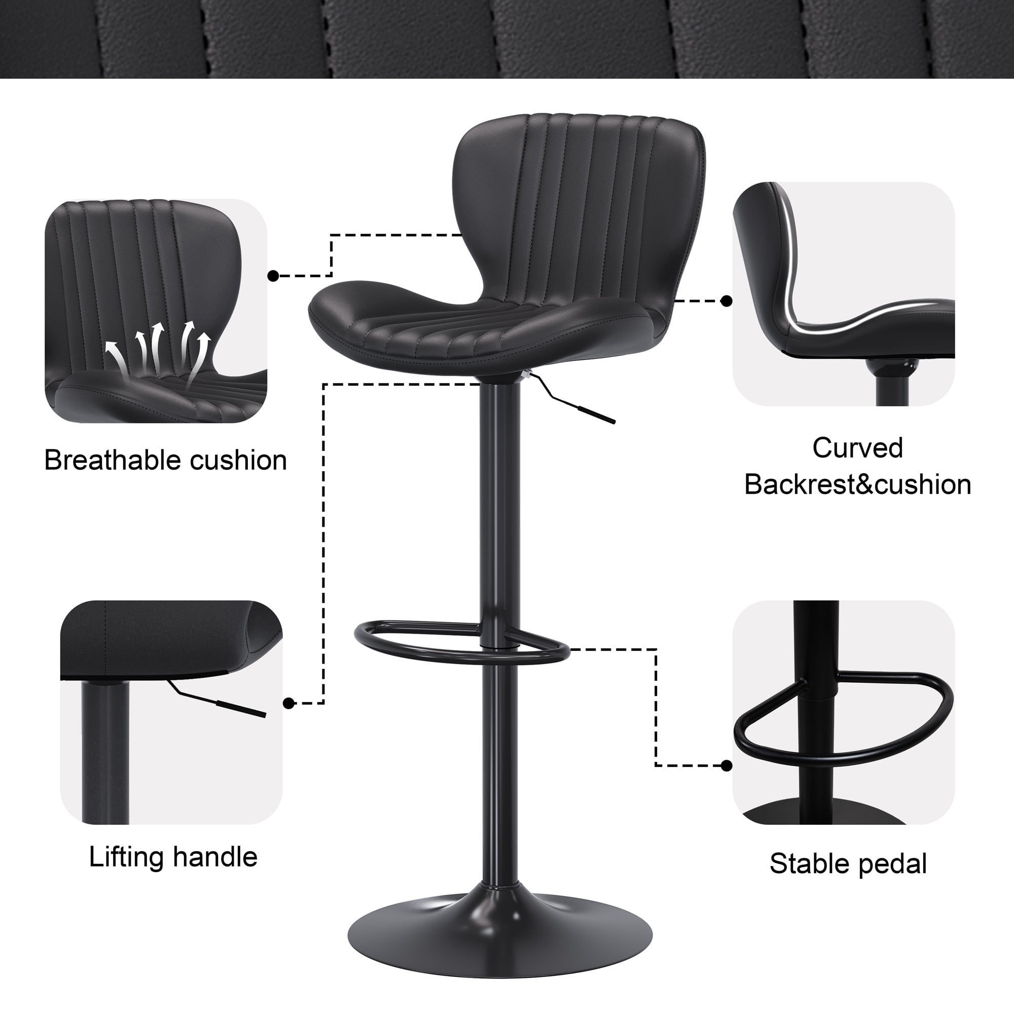 Walsunny Adjustable Bar Stools Set of 4 Leather Upholstered Swivel Counter Stools Counter Height Bar Stools with Large Base, Room Bar, Black