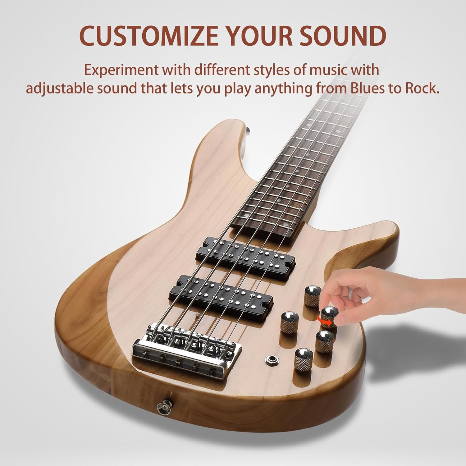 HarmonyStrings 5 String Electric Bass Guitar, Full Size Standard Right Handed Rosewood Fretboard Bass Kit with Gig Bag Strap Cable Wrench Tool Upgraded Natural