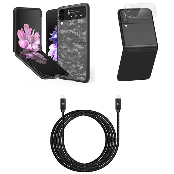 Bemz Premium Bundle for Samsung Galaxy Z Flip 3 5G: Slim Snap-On Protector Case (Grey Pixel Camo), Rear Camera Glass Protector, Nylon Braided USB-C to USB-C Cable (4 Feet)