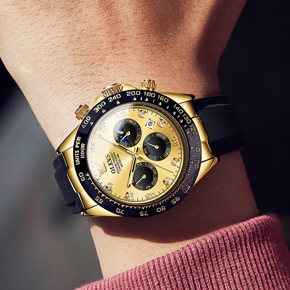 OLEVS Watches for Men Chronograph Multifunction Sport Silicone Luxury Dress Diamond Moon Phase Quartz Male Watch Waterproof Mens Wrist Watches Reloj para Hombre,Gold/Black/White/Blue/Grey Dial