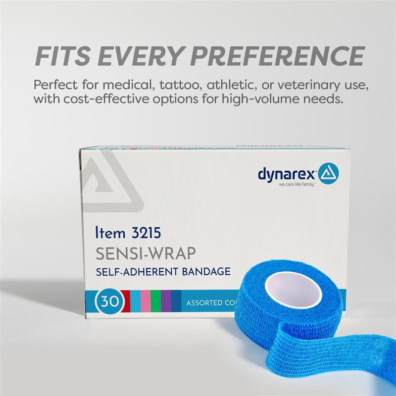 Dynarex Sensi-Wrap Self-Adhesive Bandages, 30-Pack, 1" x 5 yards, Assorted Colors, Latex-Free, Colored Elastic Cohesive Athletic Tape, Tattoo Grip & Vet Wrap