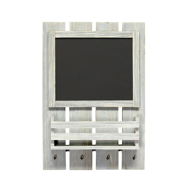 Elegant Designs HG1023-GRW Letrero de pizarra de madera para montaje en pared con ganchos para llaves y almacenamiento de correo, color gris lavado