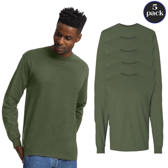 Gildan Ultra Cotton Long Sleeve T-Shirt, Men's Crewneck Classic Fit Tee, Military Green, 5-Pack, S