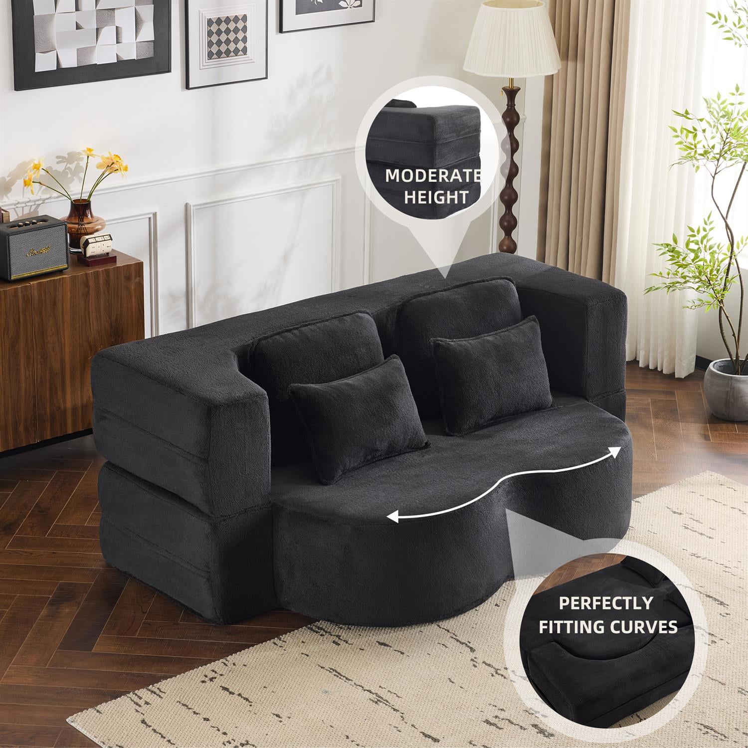 Demi Bonn 78" Foldable Sofa Bed, Chenille Futon Couch, High-Density Foam Convertible Sleeper Sofa for Living Room, Guest Room, Bedroom, Black