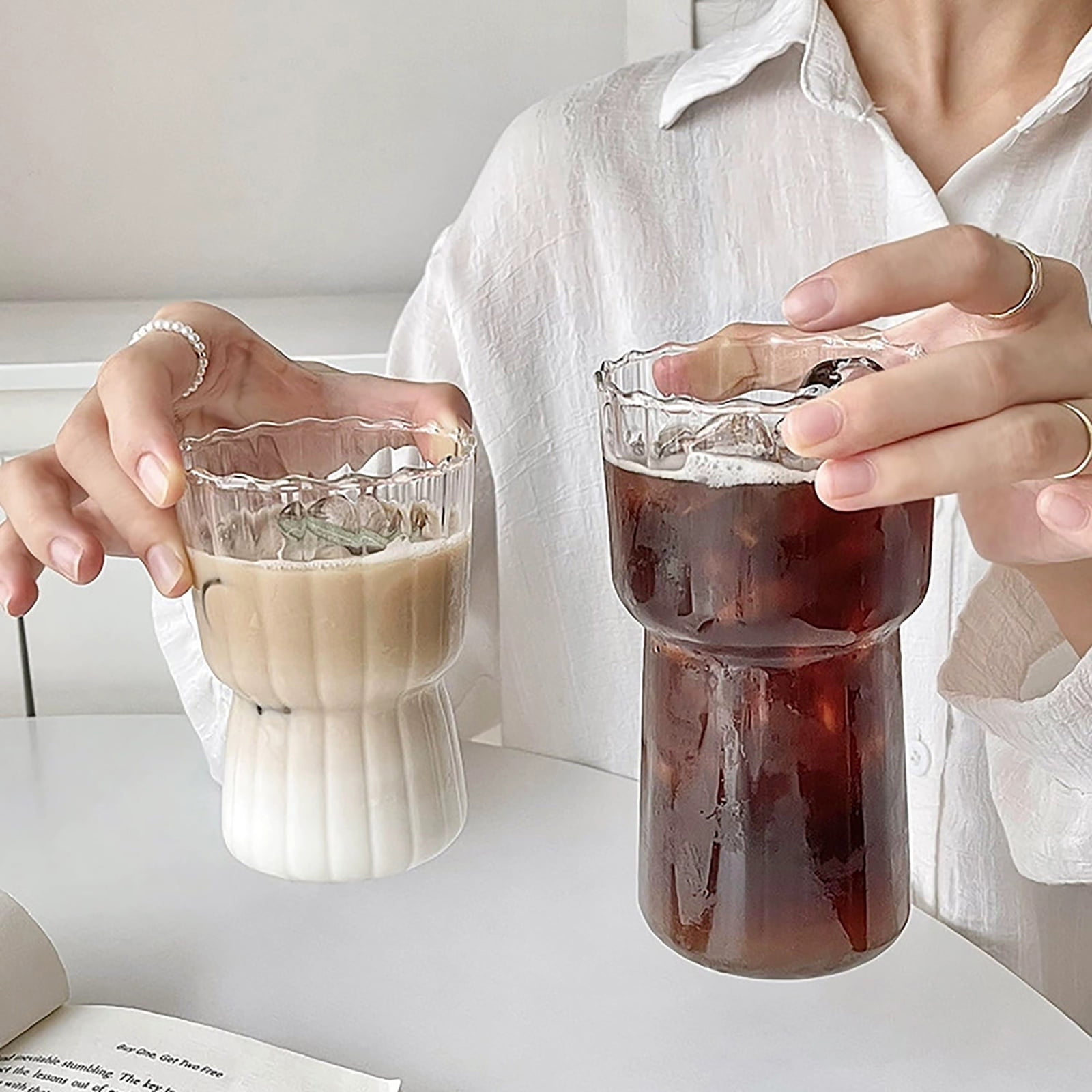 RUNOLIG Vintage Drinking Glasses Ribbed Glassware Aesthetic Cups，For Iced  Coffee,Juice,Beer,Beverage,Water-320ml 