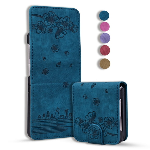 TECH CIRCLE For Samsung Galaxy Z Flip5 Wallet Case,PU Leather Embossed Flower Folding Folio Case Cards Holder Anti-Scratch Shockproof Protective Bumper Cover For Samsung Galaxy Z Flip 5 5G 2023,Blue