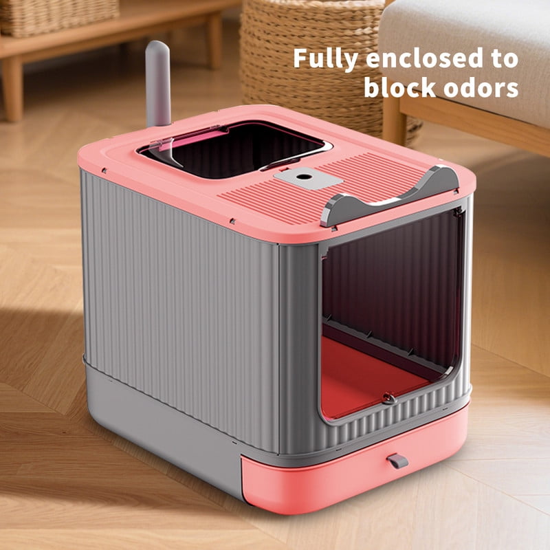 Qifang Elevated Cat Litter Box, 17.7x14.2x13.8in Leak Proof Top Entry Enclosed Cat Toilet with Scoop, Large Litter Pan for Multi-Cat Home, Pink