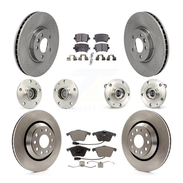 Transit Auto Front Rear Hub Bearings Assembly Disc Brake Rotors and Ceramic Pads Kit (10Pc) for Car Volkswagen CC with 340mm Diameter Rotor - Left Right Side (Driver Passenger) KBB-114471