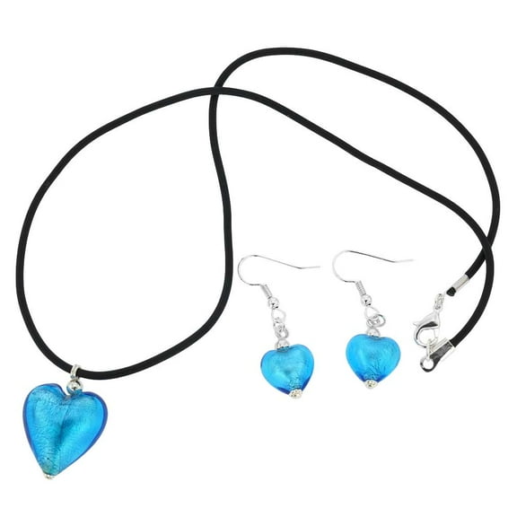 GlassOfVenice Murano Glass Venetian Reflections Puffed Heart Necklace and Earrings Set - Light Blue