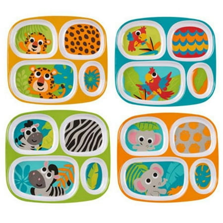 Regent Products 4-Section Jungle Animal Plate Kids Dinnerware in PDQ Elephant Zebra Parrot Leopard, 4 Assorted Color - 48 Piece
