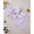 thumbnail image 3 of KIMI BEAR 2T Toddler Girl Outfit Set 3T Child Girls Clothes Ruffle Long Sleeves Floral T-shirt Top Striped Bowknot Leggings Pants 2pcs Clothing Purple, 3 of 6